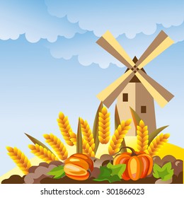 Rural landscape with windmill. Wheat ears, pumpkin and mill vector illustration.