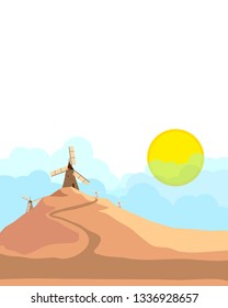 Rural landscape with windmills, vector illustration.

