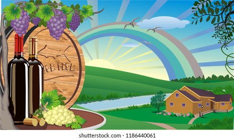Rural landscape with wine and grapes and wooden wine barrel.