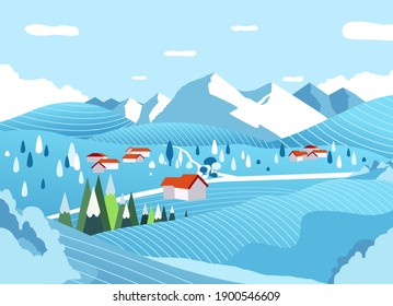 paisaje rural en invierno con montaña en el fondo de la ilustración vectorial plana. utilizado para banner, fondo y otros