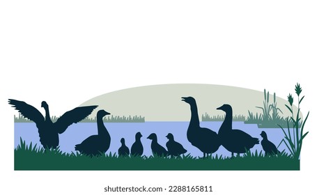 Rural landscape wirh geese silhouettes. Vector illustration