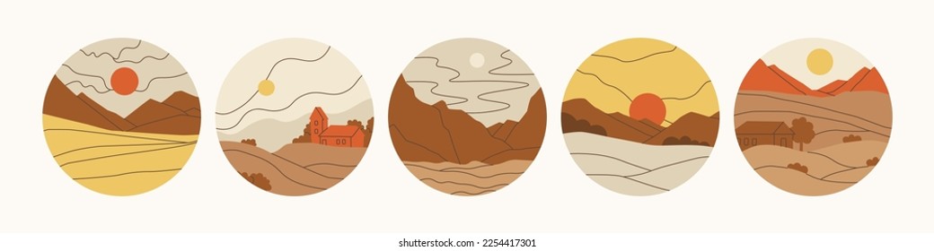 Rural landscapes in circles. Mountains, fields and meadows. Sky, sun and hills. Vector minimalistic illustrations in pastel colors for stickers, print, logos and highlight.