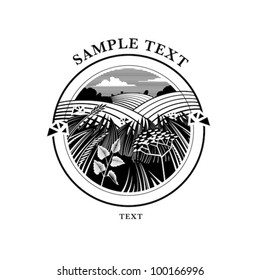 Rural landscapes with field of blooming flowers. Engraving style