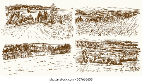 Rural landscapes. Hand drawn set