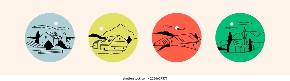 Rural landscapes. Outline field, meadow, house, trees, road, clouds. Hand drawn modern Vector illustration. Minimalistic isolated round icons. Logo, print, poster templates