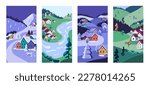 Rural landscapes set. Countryside nature with houses, hills, vertical cards. Village, country homes, mountains in winter and summer. Outdoor sceneries with snow, grass, trees. Flat vector illustration