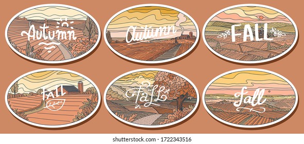Rural landscapes stickers set. Farm field and cabin. Agriculture and Vineyard. Green hills, meadows and mountains background for banner or web. Vector illustration. Hand draw engrave vintage sketch. 