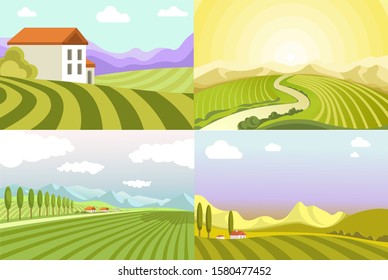 Rural landscapes vineyards and rice fields, valleys, countryside views vector. Cottage house and village, green grass and trees, nature and environment. Morning sunrise and sunset, suburban scenes