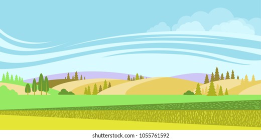 Rural landscape.Vector nature background with fields and blue sky 