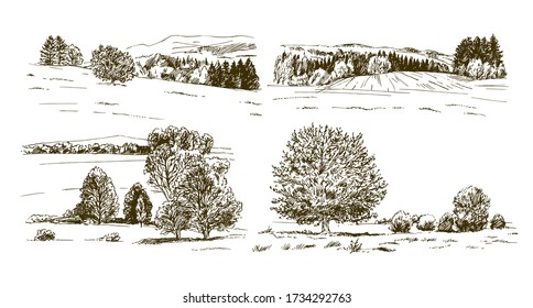 Rural landskape, forest and meadow. Hand drawn set.