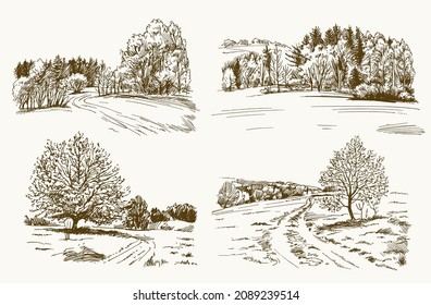 Rural landskape, forest and meadow. Hand drawn set.