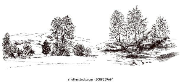 Rural landskape, forest and meadow. Hand drawn set.