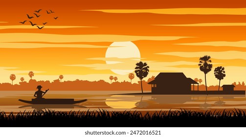 Ländliches Leben mit Mann Paddelboot und Hütte in Sonnenuntergangszeit, Illustration