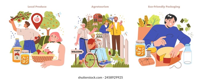 Rural Lifestyle set. Harvesting apples, welcoming tourists on a farm, promoting sustainable packaging. Country life, agritourism activities, eco consciousness. Vector illustration.