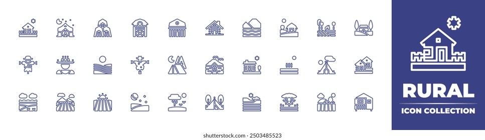 Rural line icon collection. Editable stroke. Vector illustration. Containing field, barn, campingtent, scarecrow, farm, night, camp, countryhouse, savannah, house, machair.