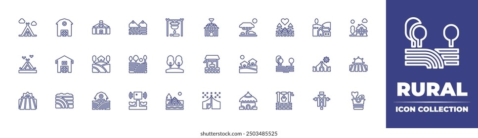 Rural line icon collection. Editable stroke. Vector illustration. Containing house, hills, smartfarm, cabin, field, yurt, barn, waterwell, camping, pot, tent, campingtent.
