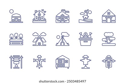 Rural line icon set. Editable stroke. Vector illustration. Containing house, yurt, bungalow, scarecrow, savannah, cook, tent, lake, bucket.