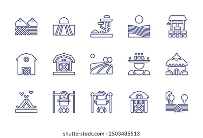 Ländliche Linie Symbolsatz. Bearbeitbarer Strich. Vektorgrafik. Enthaltend Feld, Haus, Scheune, Land, Wasserbrunnen, Topf, Savanne, Campingzelt, Vogelscheuche, Topffeuer.