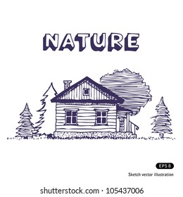 Rural lodge. Hand drawn sketch illustration isolated on white background