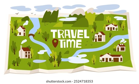 Rural map with mountains, forest, village houses. Inscription travel time. Adventures and explorations in country life. Wild nature. Vector illustration in cartoon style.