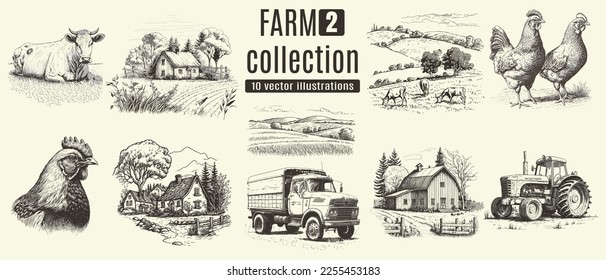 Rural meadow or countryside farm set. A village landscape with cows, goats, and lamb, hills, and a farm.