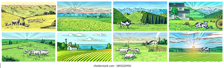 Rural meadow set. A village landscape with cows, goats and lamb, hills and a farm. Sunny scenic country view. Hand drawn engraved sketch. Vintage rustic banner for wooden sign or badge or label.