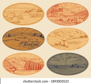 Rural meadow set. A village landscape with cows, goats and lamb, hills and a farm. Sunny scenic country view. Hand drawn engraved sketch. Vintage rustic banner for wooden sign or badge or label.