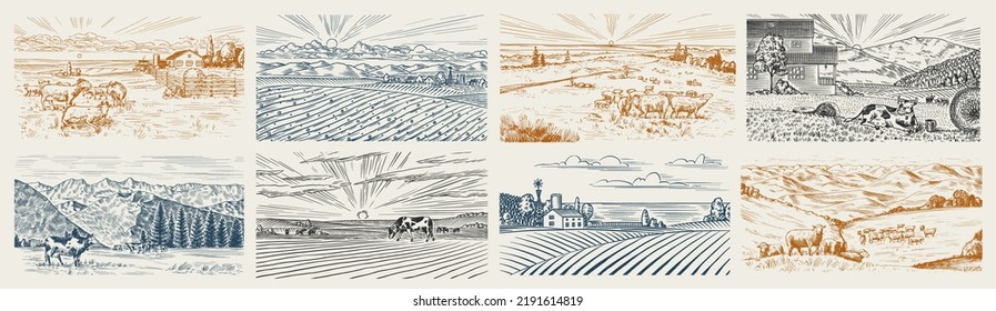 Rural meadow set. A village landscape with cows, goats and lamb, hills and a farm. Sunny scenic country view. Hand drawn engraved sketch. Vintage rustic banner for wooden sign or badge or label.