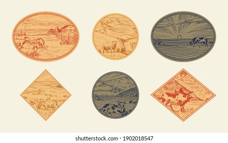Rural meadow stickers. A village landscape with cows, goats and lamb, hills and a farm. Sunny scenic country view. Hand drawn engraved sketch. Vintage rustic logo for wooden sign or badge or label.