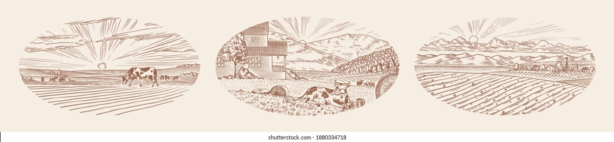 Rural meadow. A village landscape with cows, goats and lamb, hills and a farm. Sunny scenic country view. Hand drawn engraved sketch. Vintage rustic banner for wooden sign or badge or label.