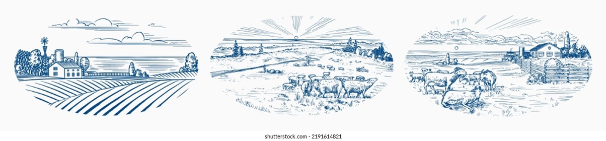 Prado rural. Un paisaje de pueblo con vacas, cabras y cordero, colinas y una granja. Vista panorámica del campo. Esbozo grabado a mano. Banner rústico vintage para rótulos o etiquetas de madera.