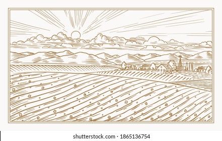 Rural meadow. A village landscape with hills and a farm. Sunny scenic country view. Hand drawn engraved sketch. Vintage rustic banner for wooden sign or badge or label.