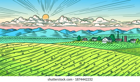 Rural meadow. A village landscape with hills and a farm. Sunny scenic country view. Hand drawn engraved sketch. Vintage rustic banner for wooden sign or badge or label.