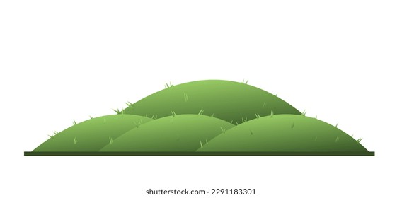 Rural meadows and hill gardens. Landscape green summer. View of nature relief. Thickets of grass for pastures and farms. Cartoon fun style. Flat design. Isolated on white background. Vector