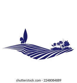 Rural mediterranean vector landscape with plowed fields, cypresses and pine tree.Vector illustration