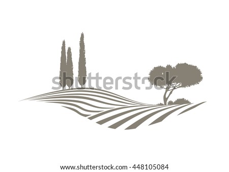 rural mediterranean vector landscape with plowed fields, cypresses and pine tree