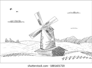 Rural monochrome landscape with windmill and wheat fields. Illustration of production organic agricultural, ecological food. Vector hand drawn vintage engraved sketch.