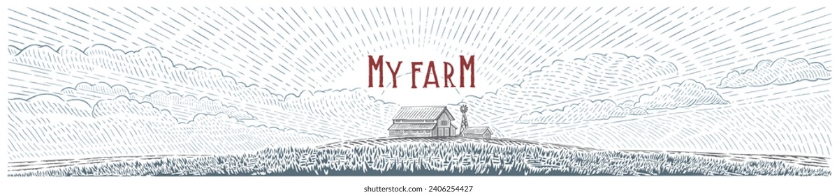 Rural, morning landscape with a farm building. Illustration in engraving style.