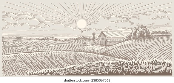 Rural, morning landscape with a farm. Illustration in engraving style.