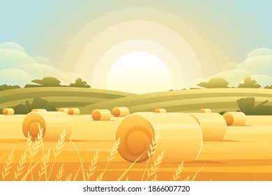 Rural morning landscape with hills and dales agricultural fields with roll of hay flat vector illustration