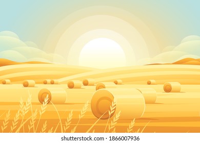 Rural morning landscape with hills and dales agricultural fields with roll of hay flat vector illustration