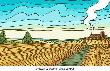 Rural Mountain landscape. Farm field and cabin. Agriculture and Vineyard. Green hills and meadows, country background for banner or web. Vector illustration. Hand draw engrave vintage sketch. 