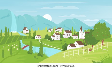 Rural mountain landscape and village vector illustration. Cartoon summer green farm land field with grazing sheep, apple garden, waterfall and river, road to farmer houses summertime background