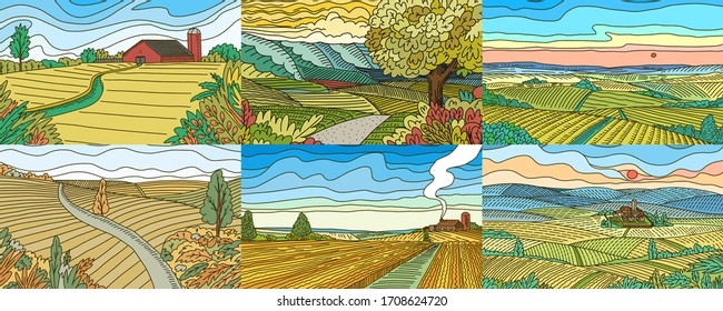 Rural Mountain landscapes. Farm fields set. Agriculture and Vineyard. Green hill and meadow, country background for banner or web. Vector illustration. Panorama view. Hand draw engrave vintage sketch