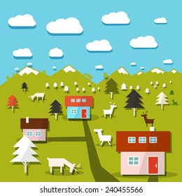 Rural Mountain Vector Landscape Illustration