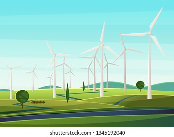 Narco rural con molinos de viento, turbinas eólicas, campo, árboles. Paisaje de verano con molinos de viento como símbolo de energía ecológica