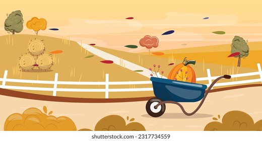 Naturaleza rural de fondo otoñal con carretilla. Ilustración de otoño plana vectorial.