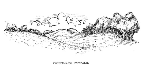 Rural nature landscape with hills grass field and trees in monochrome sketch style. Hand drawn vintage panoramic vector illustration.