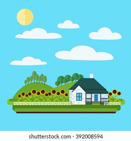 Rural Nature Landscape with Village House, Hills, Trees and Sunflowers. Vector illustration