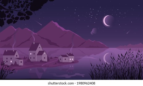 Rural night landscape scene and village by river vector illustration. Cartoon countryside night purple scenery with farm houses under moon and stars, river or lake and mountains on horizon background